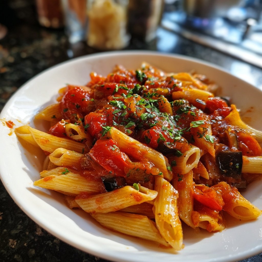 Penne mit Auberginen und Tomatensauce