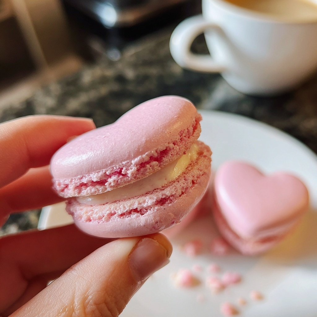Macarons in Herzform mit Himbeere