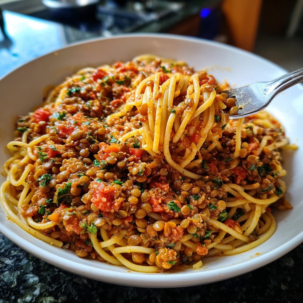 Linsen-Bolognese mit Spaghetti