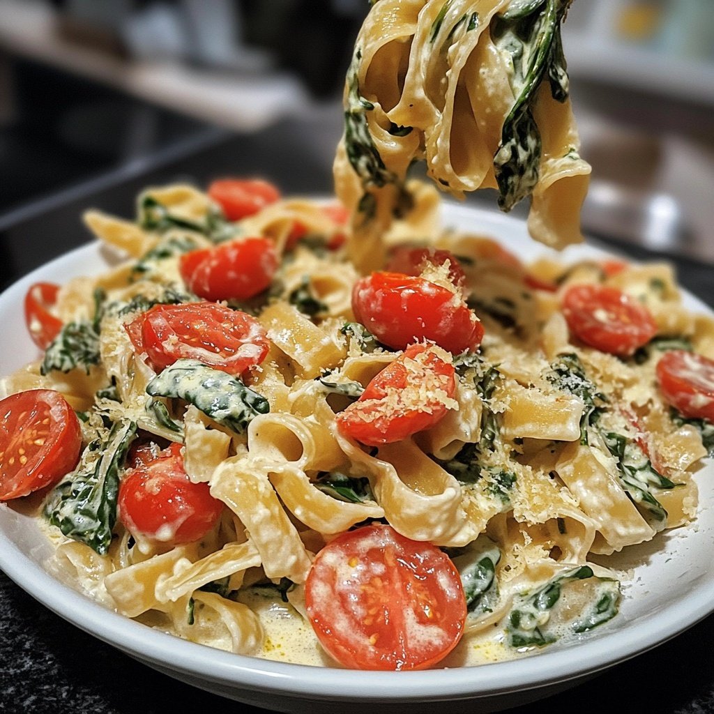 One-Pot Pasta mit Tomaten & Spinat