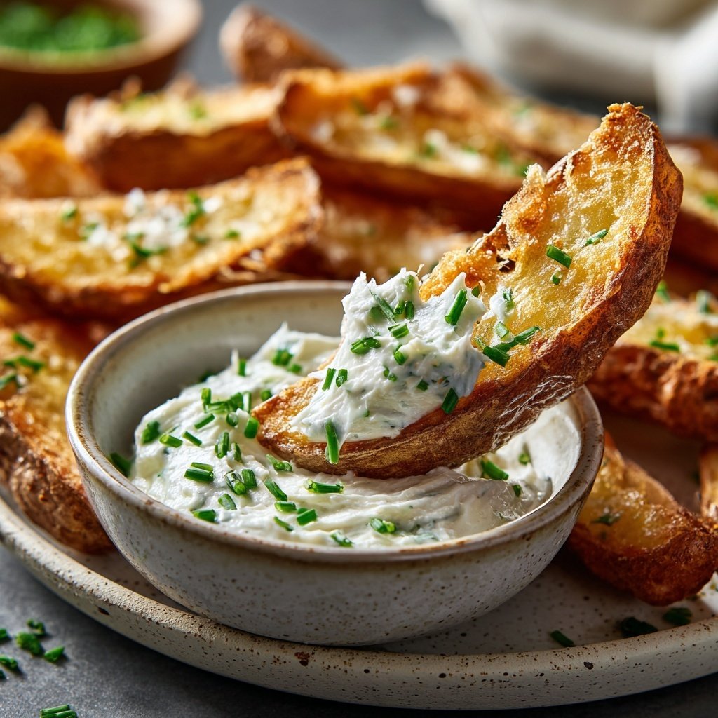 Mittagessen mit Ofenkartoffeln und Dip
